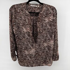 Violet + Claire Sz SMALL Brown Ivory Print Blouse L/S Split V-Neck